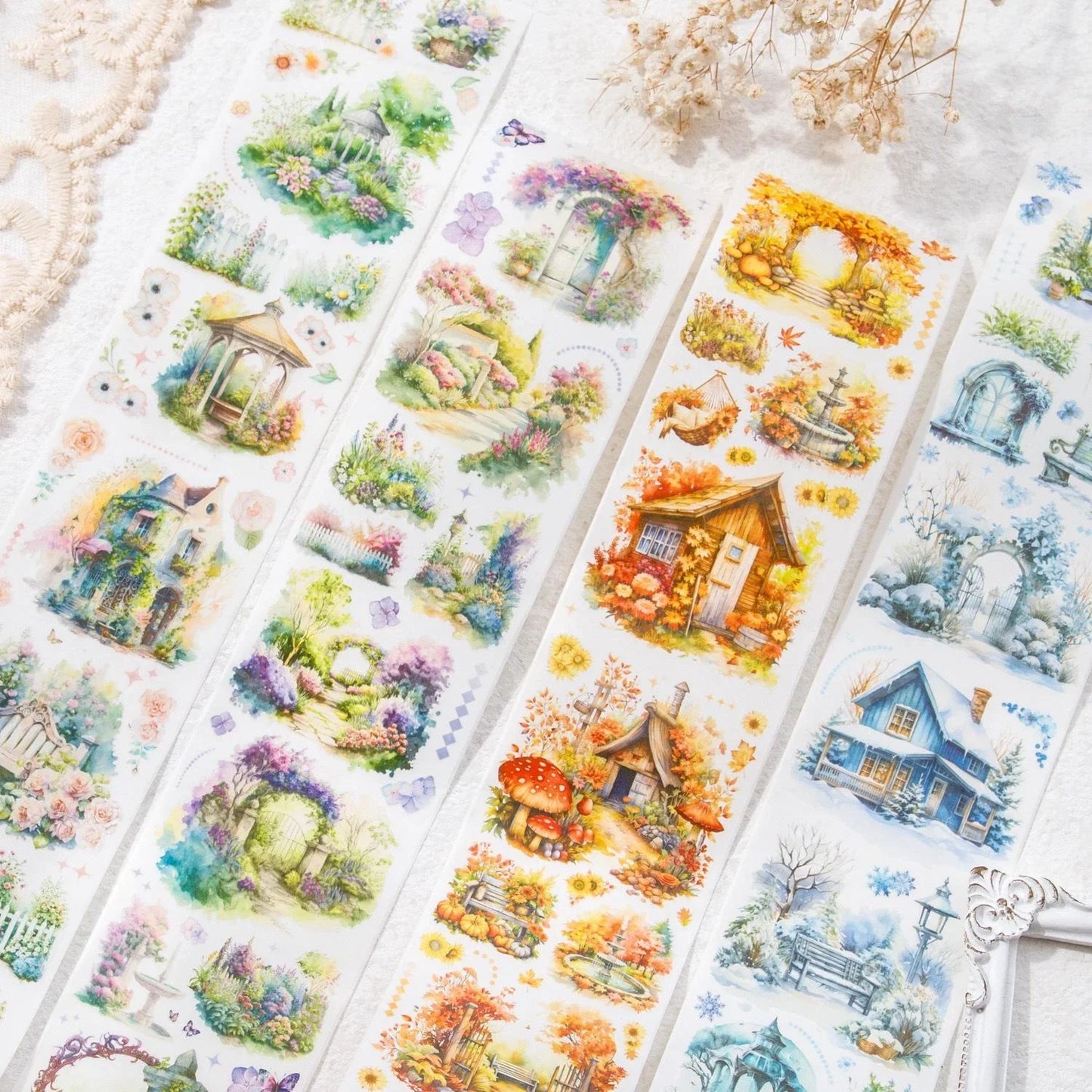 1 Roll Four Seasons Scenery Washi Tape Beautiful Days Cartoon House Journal Diary Scrapbook DIY Deco Washi Paper Material