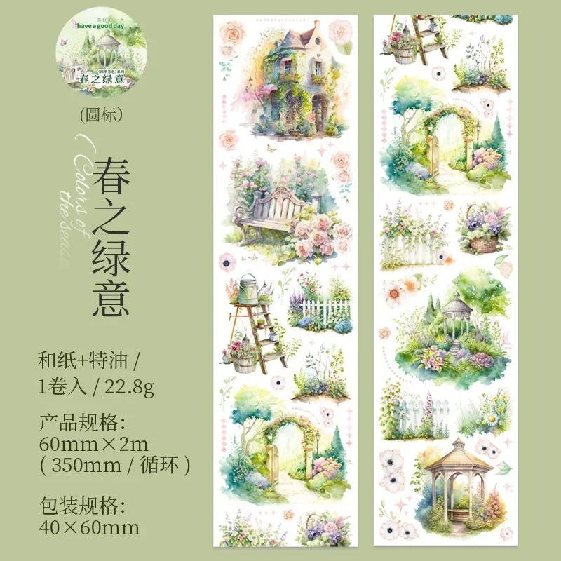 1 Roll Four Seasons Scenery Washi Tape Beautiful Days Cartoon House Journal Diary Scrapbook DIY Deco Washi Paper Material