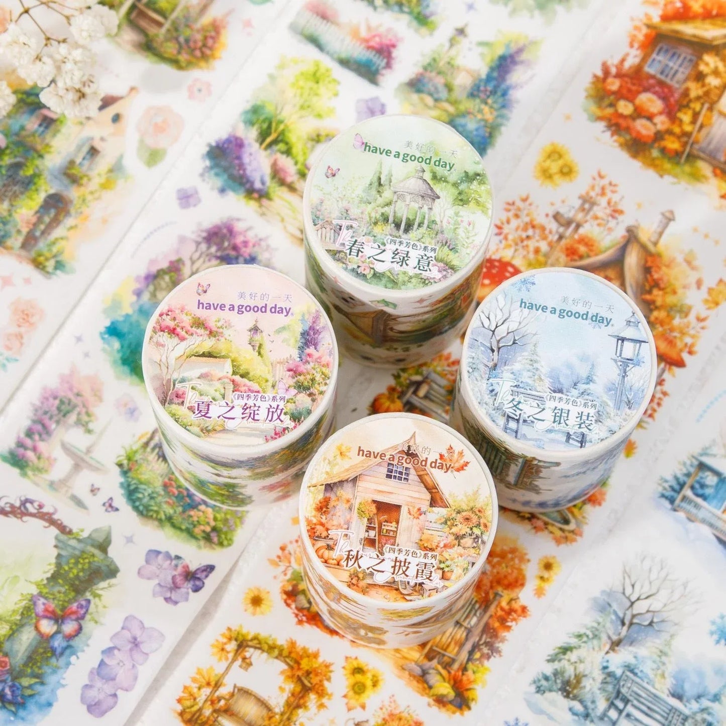 1 Roll Four Seasons Scenery Washi Tape Beautiful Days Cartoon House Journal Diary Scrapbook DIY Deco Washi Paper Material