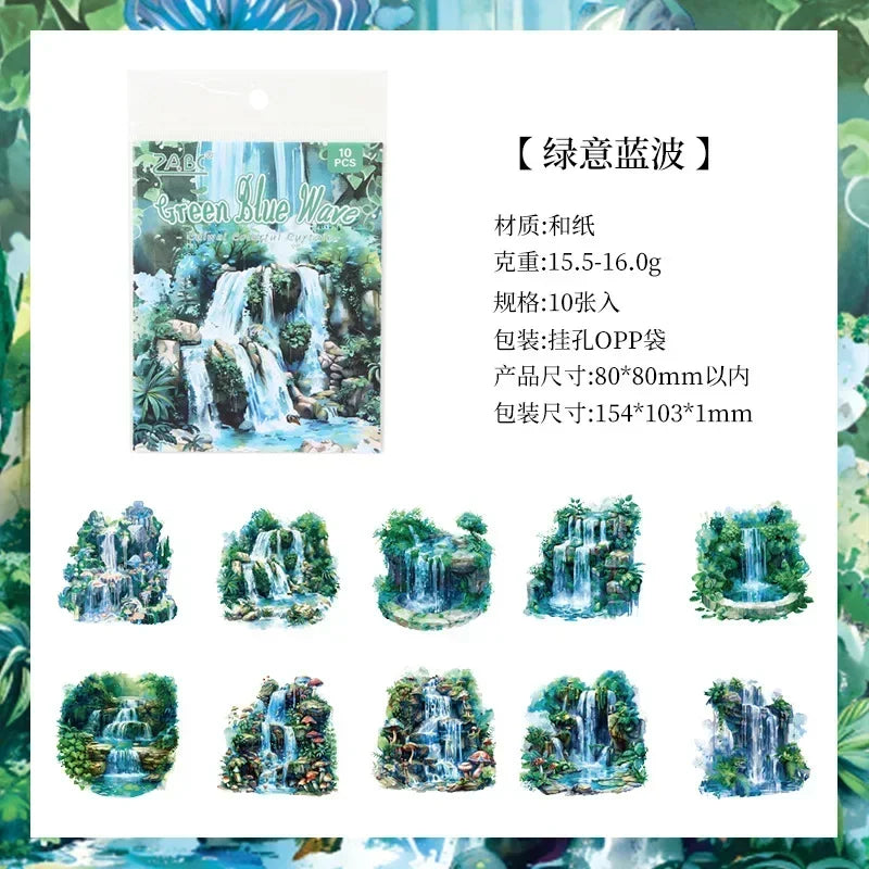 10 Pcs/bag Dreaming Waterfalls Washi Paper Sticker Bag Watercolor Painting Design