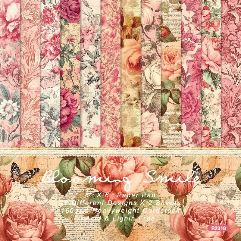 12 / sheets 6"X6" Pink Style Floral Scrapbook paper Scrapbooking patterned paper pack DIY craft Background paper