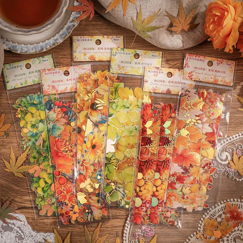 15 Pcs Autumn Maple Leafs Nature Series Retro Journal Stickers Scrapbooking PET Sticker Set Journaling Material DIY Crafts