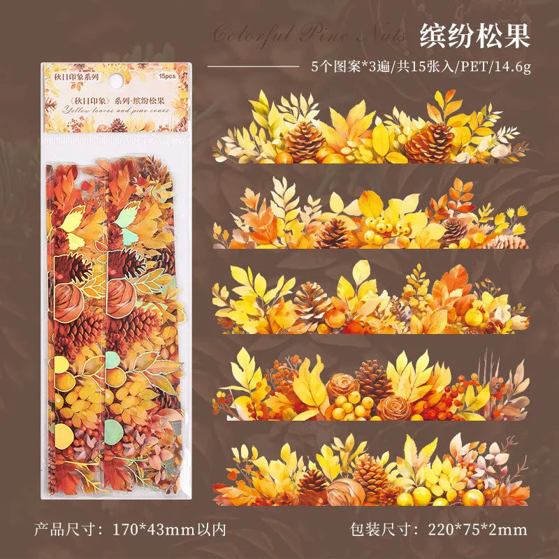 15 Pcs Autumn Maple Leafs Nature Series Retro Journal Stickers Scrapbooking PET Sticker Set Journaling Material DIY Crafts