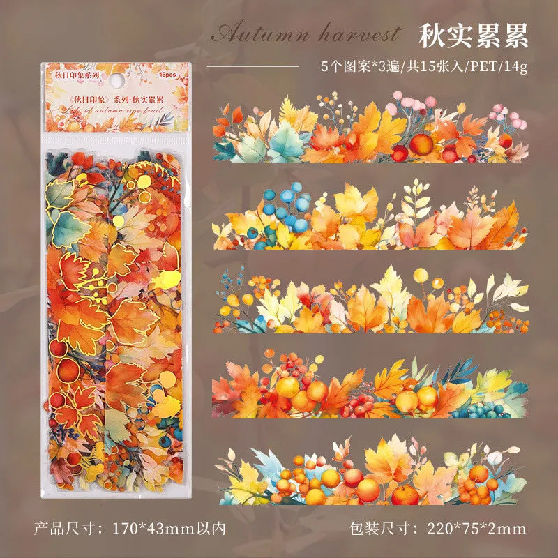 15 Pcs Autumn Maple Leafs Nature Series Retro Journal Stickers Scrapbooking PET Sticker Set Journaling Material DIY Crafts