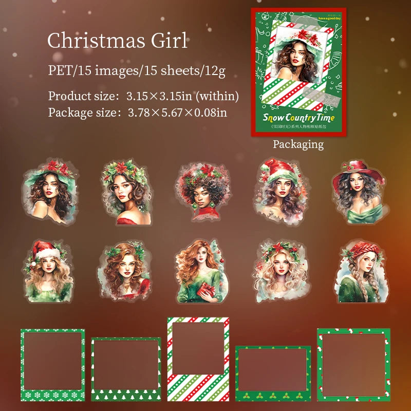 15pcs Christmas Frame Girl Stickers Retro Craft Supplies Collage Junk Journal Scrapbooking Supplies Stickers School Stationery