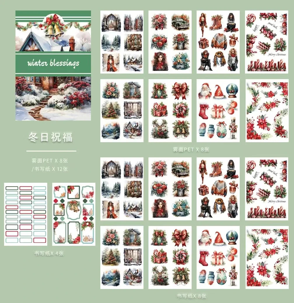 20Sheets Vintage Sticker Book Halloween Christmas Girls Flowers PET Washi Stickers for Scrapbooking Journal Diary Decoration