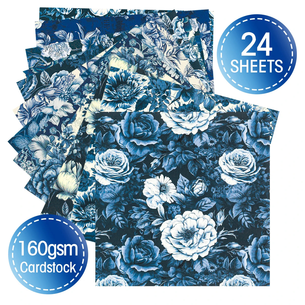 24pcs Blue Flower Theme Scrapbook Paper Pad,Single-Sided Decoupage Paper for DIY Crafts,Journaling,Gift Wrapping,and Album Art