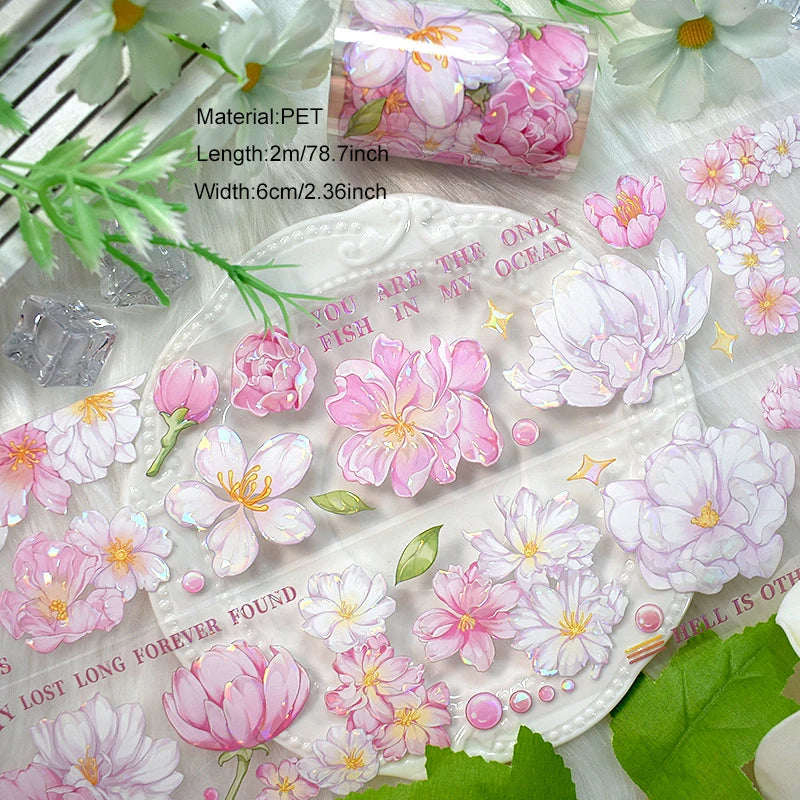 2M Flower PET Roll Stickers for Scrapbooking Girls PET Tape DIY Diary Decoration Washi Tape Scrapbooking Journaling Supplies