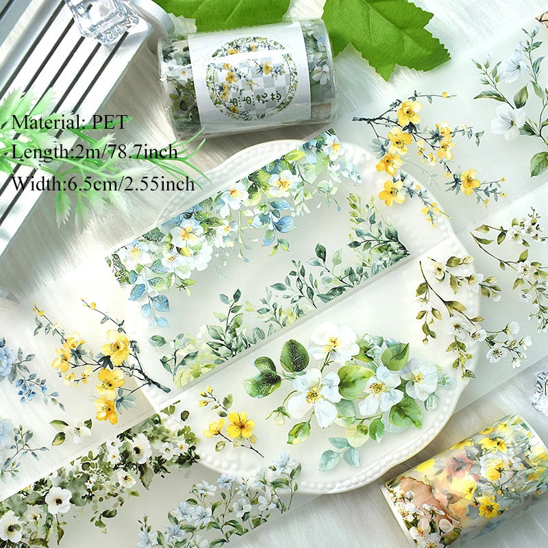 2m/Roll Flower Washi PET Tape Stickers Transparent Decorative Masking Tape for Scrapbooking Journaling Diary Supplies DIY Craft