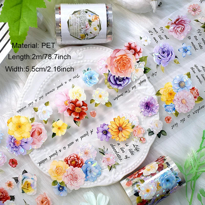 2m/Roll Flower Washi PET Tape Stickers Transparent Decorative Masking Tape for Scrapbooking Journaling Diary Supplies DIY Craft