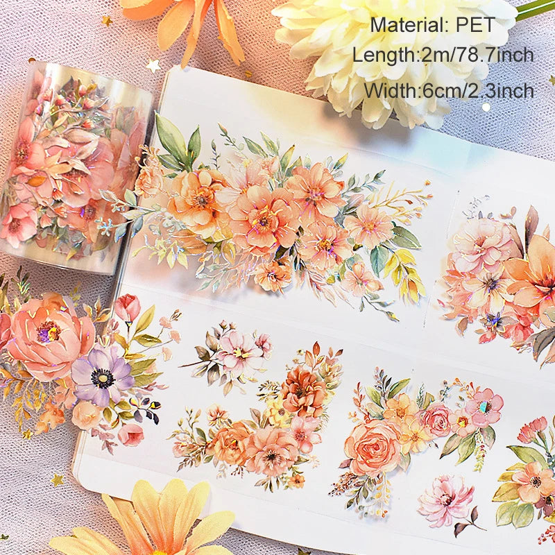 2m/Roll Flower Washi PET Tape Stickers Transparent Decorative Masking Tape for Scrapbooking Journaling Diary Supplies DIY Craft