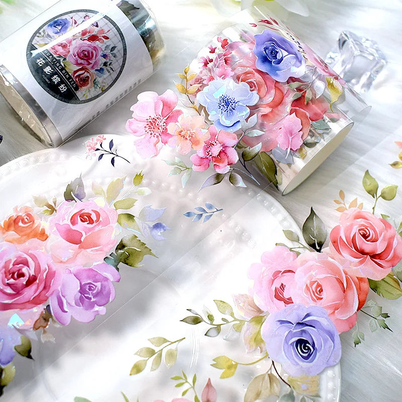 2m/Roll Flower Washi PET Tape Stickers Transparent Decorative Masking Tape for Scrapbooking Journaling Diary Supplies DIY Craft