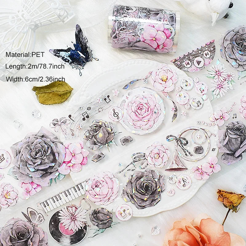 2m/Roll Flower Washi PET Tape Transparent Journaling Scrapbooking Materials DIY Diary Decoration Floral Plant Aesthetic Stickers