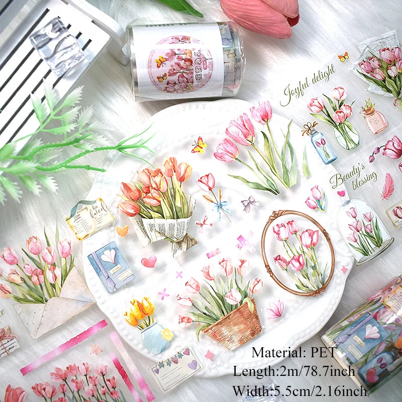 2m/Roll Flower Washi PET Tape Transparent Journaling Scrapbooking Materials DIY Diary Decoration Floral Plant Aesthetic Stickers