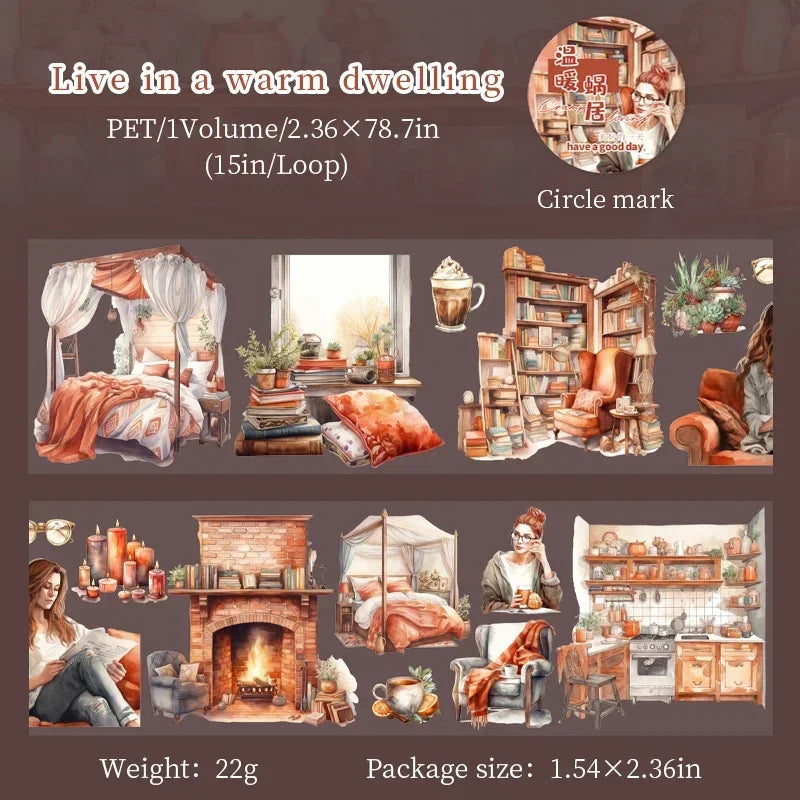 60mm*200cm Corner Living Series Vintage Scenes Landscaping Material Collage PET Tape Creative DIY Journal Stationery