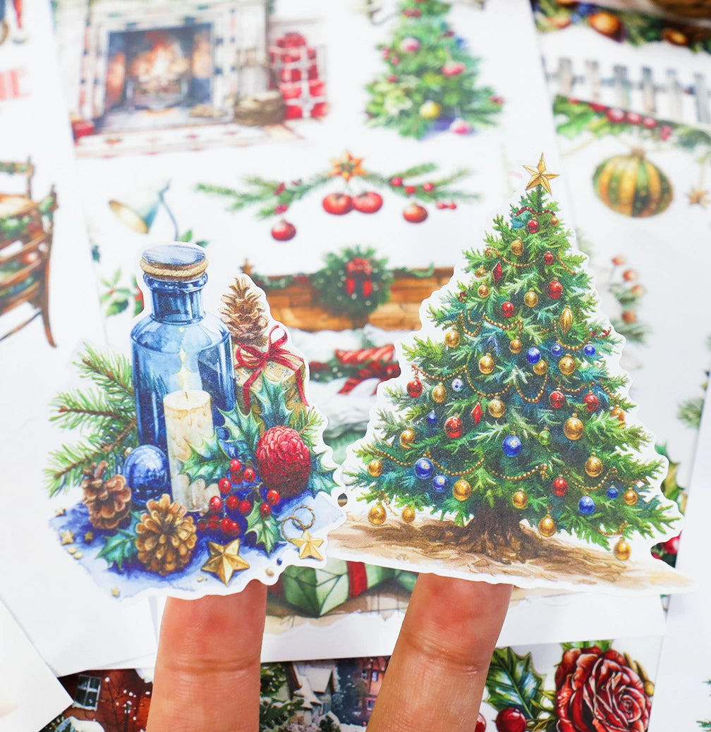 Christmas hand account material with cut-free die-cutting retro hand account diary decorative landscaping flower PET sticker book