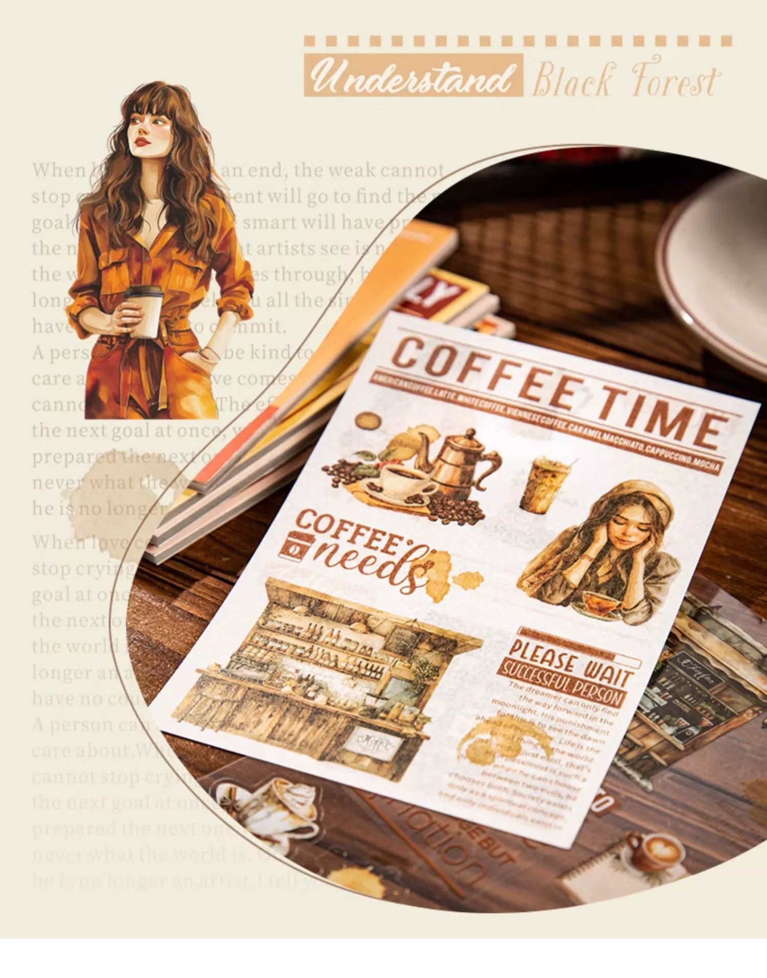 Coffee Weekly Handbook Magazine Sticker Book Coffee Theme Cutting Mold Handbook Material Literary Retro Handbook Sticker A Deco Sticker Book