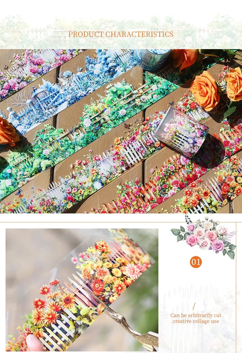 50mm*200cm Garden Fence Literary Flower Landscaping PET Tape Creative DIY Journal Collage Material journaling supplies