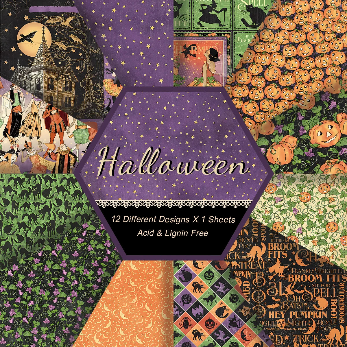 12sheets Retro Vintage Halloween Scrapbook Paper Kit 6Inch Single-Sided Decoupage Paper for Crafts,Journaling,Scrapbook Supplies