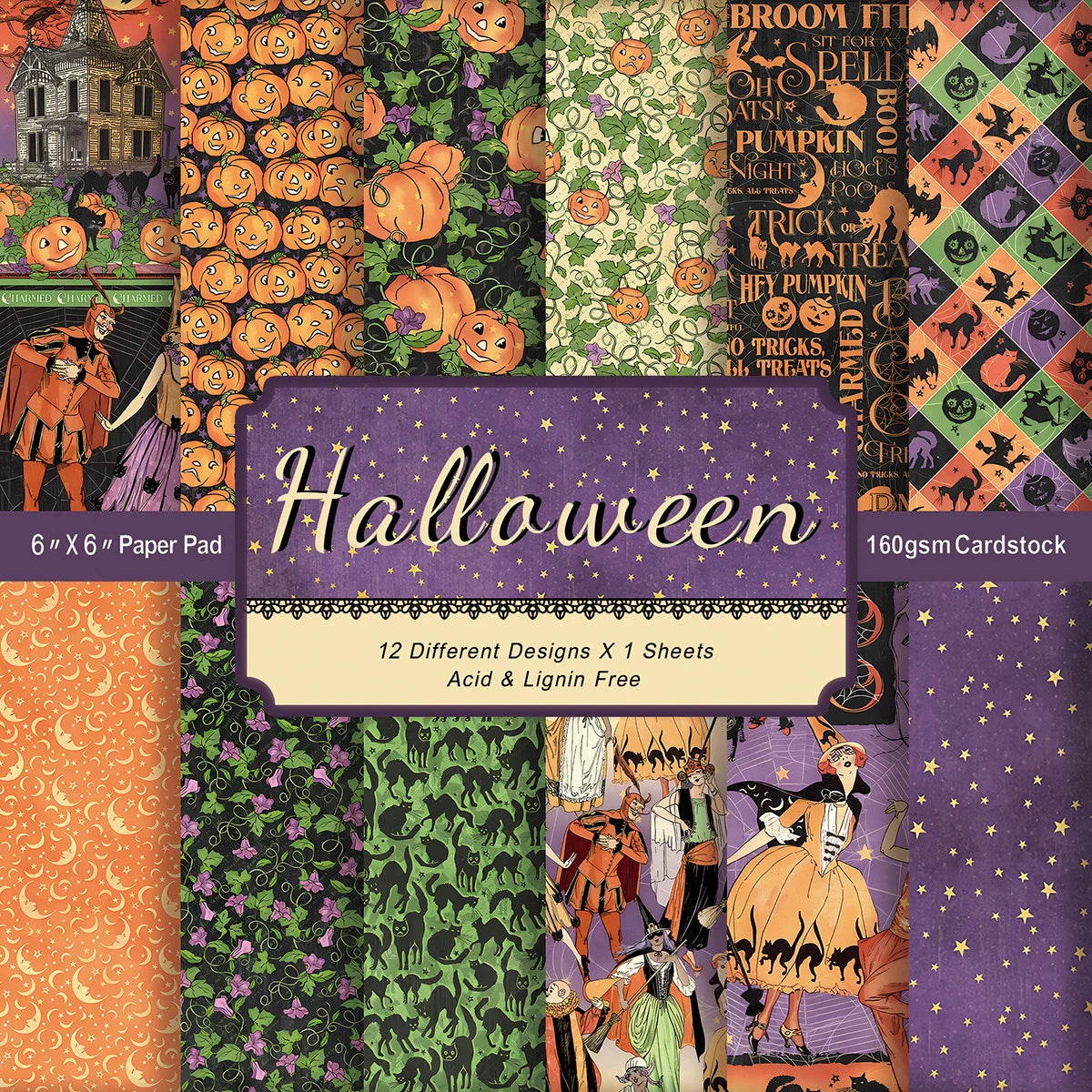 12sheets Retro Vintage Halloween Scrapbook Paper Kit 6Inch Single-Sided Decoupage Paper for Crafts,Journaling,Scrapbook Supplies